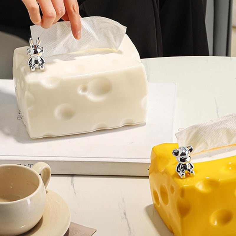 White Novelty Cheese Shaped Tissue Box Holder For Dining Table Paper Organiser - Image 2